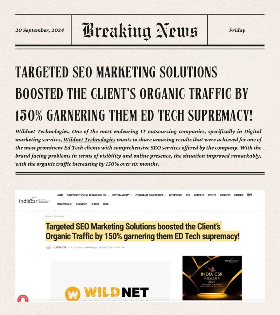 Wildnet Technologies got featured in India CSR for Boosting Organic Traffic by 150%